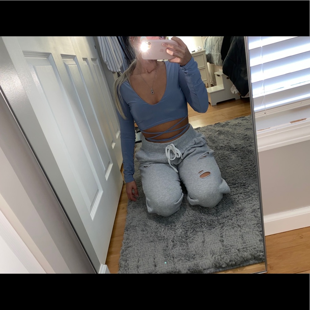Powder Blue Slinky Long Sleeve Tie Waist Crop Top
